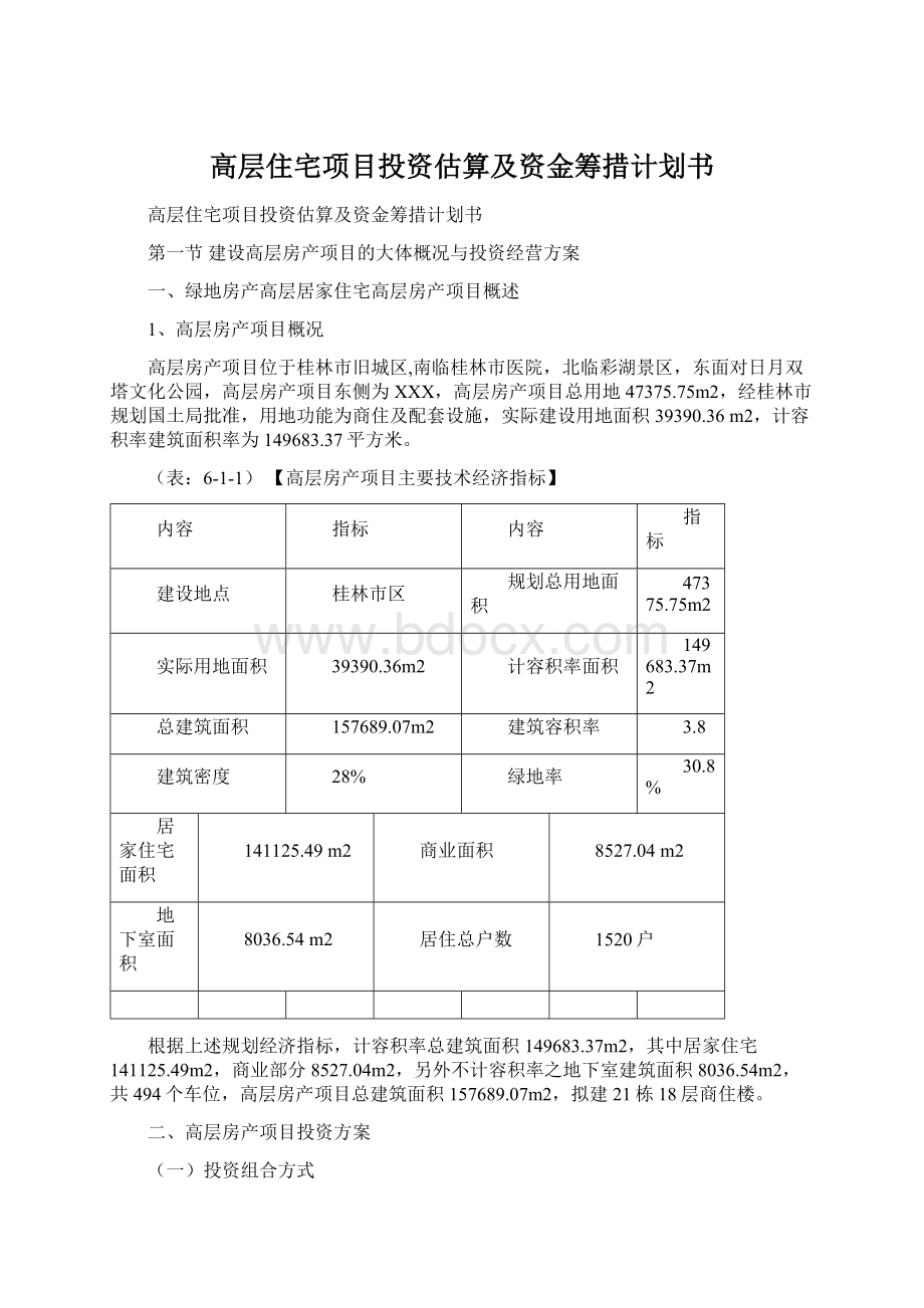 高层住宅项目投资估算及资金筹措计划书.docx