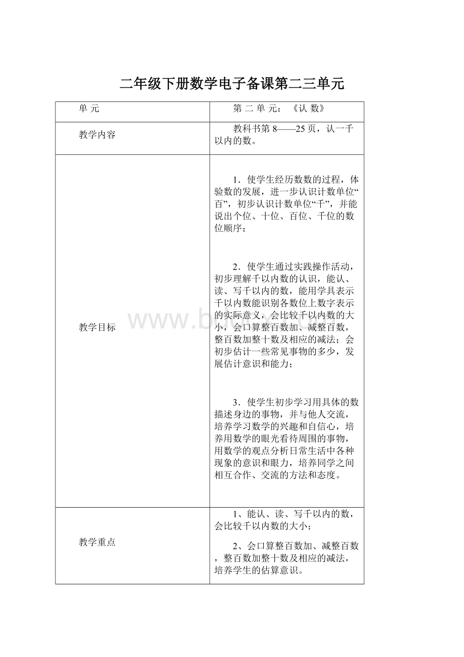 二年级下册数学电子备课第二三单元.docx