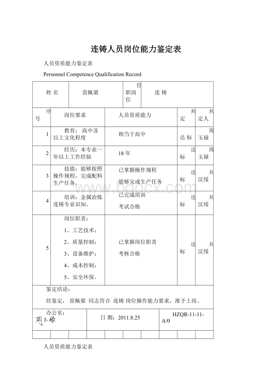 连铸人员岗位能力鉴定表Word下载.docx