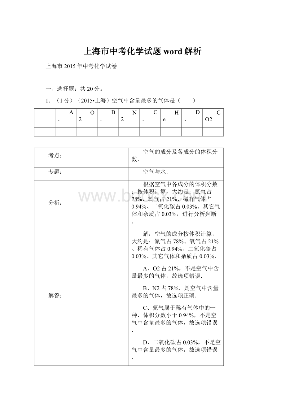 上海市中考化学试题word解析Word下载.docx