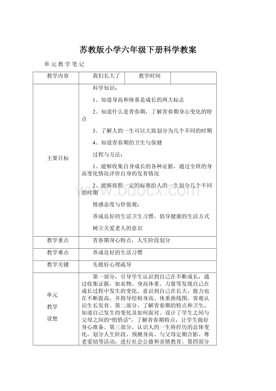 苏教版小学六年级下册科学教案Word格式.docx