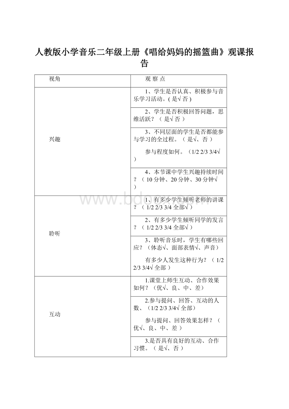 人教版小学音乐二年级上册《唱给妈妈的摇篮曲》观课报告Word格式文档下载.docx_第1页