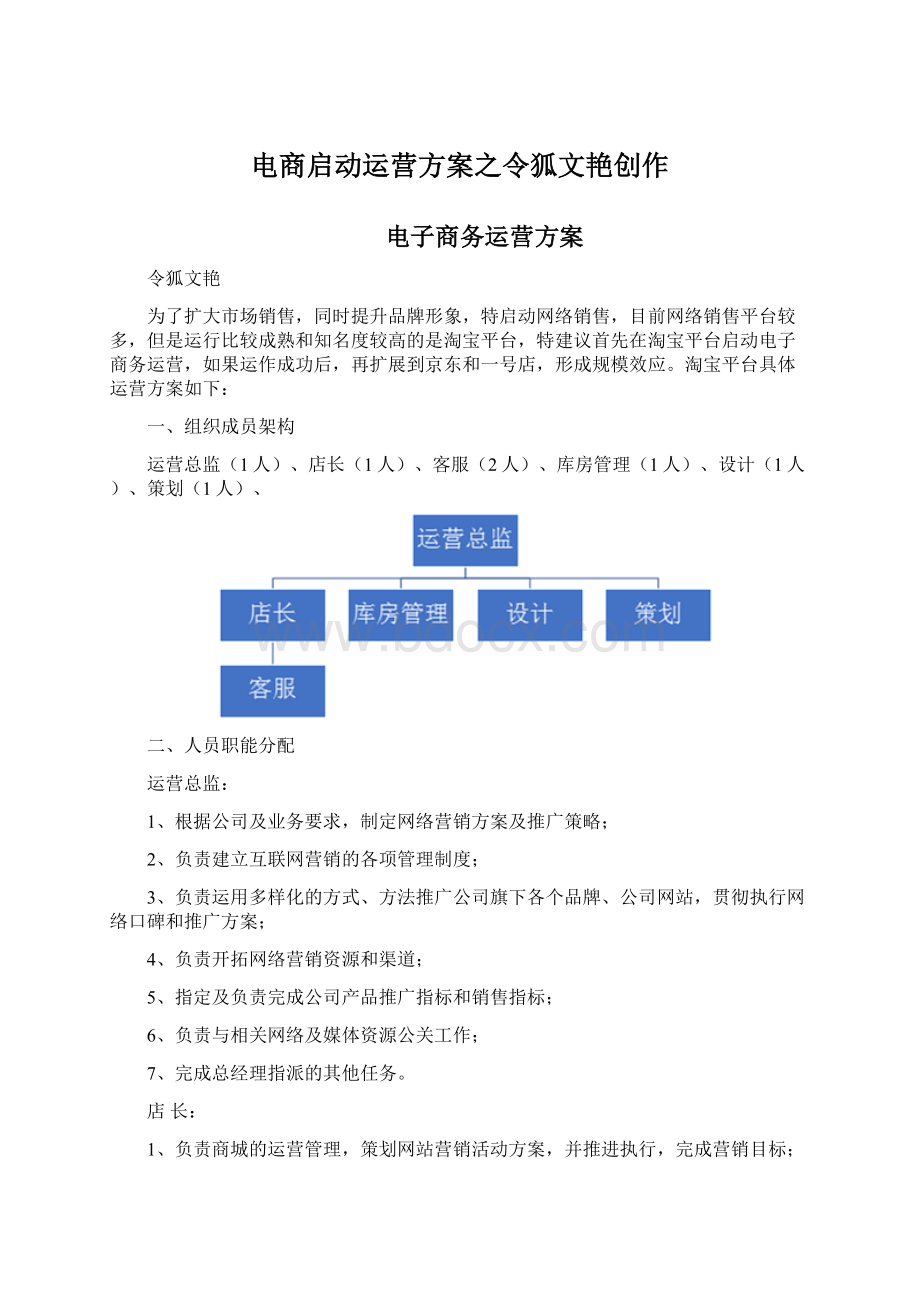 电商启动运营方案之令狐文艳创作Word下载.docx