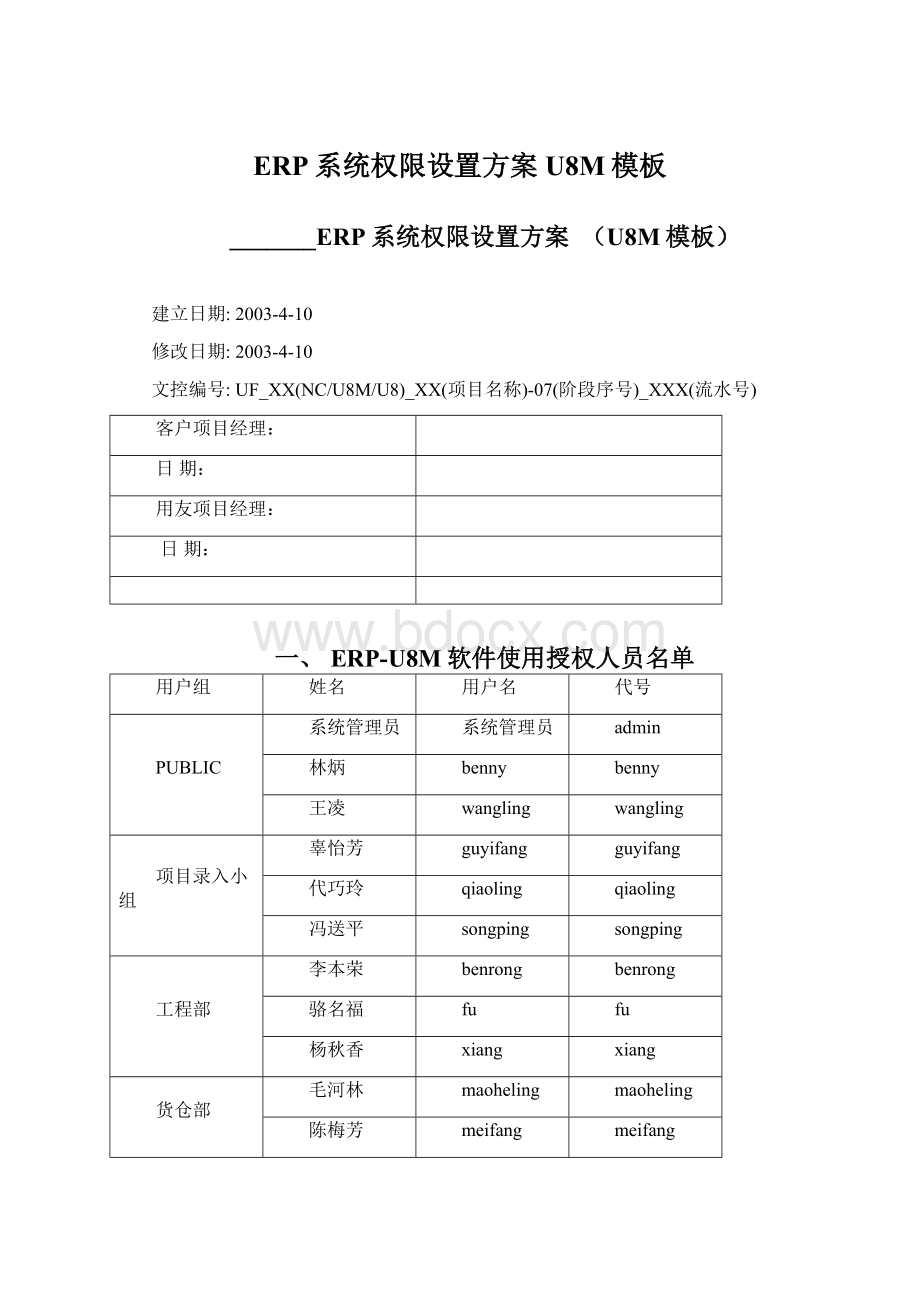 ERP系统权限设置方案U8M模板Word格式文档下载.docx_第1页