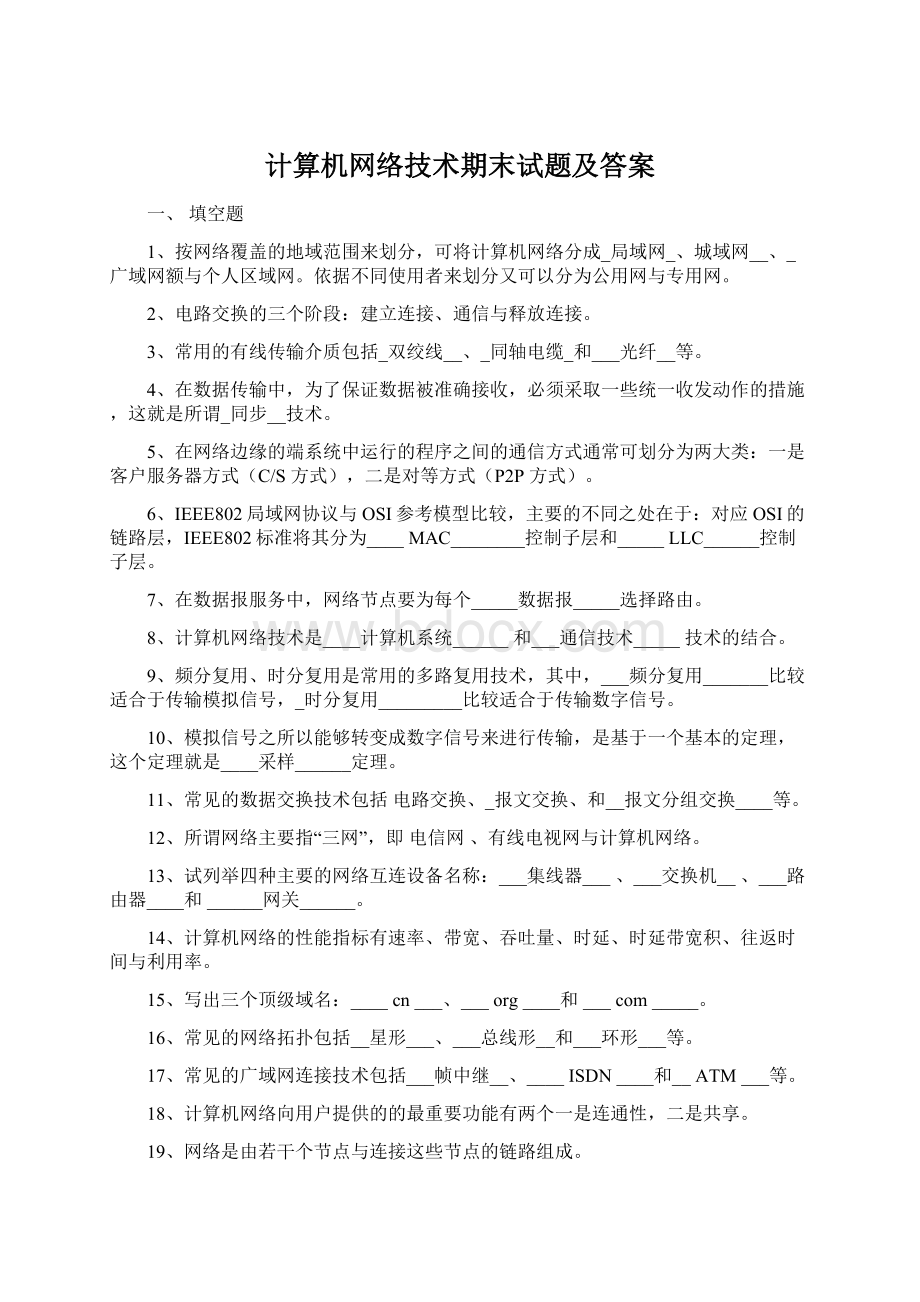 计算机网络技术期末试题及答案.docx