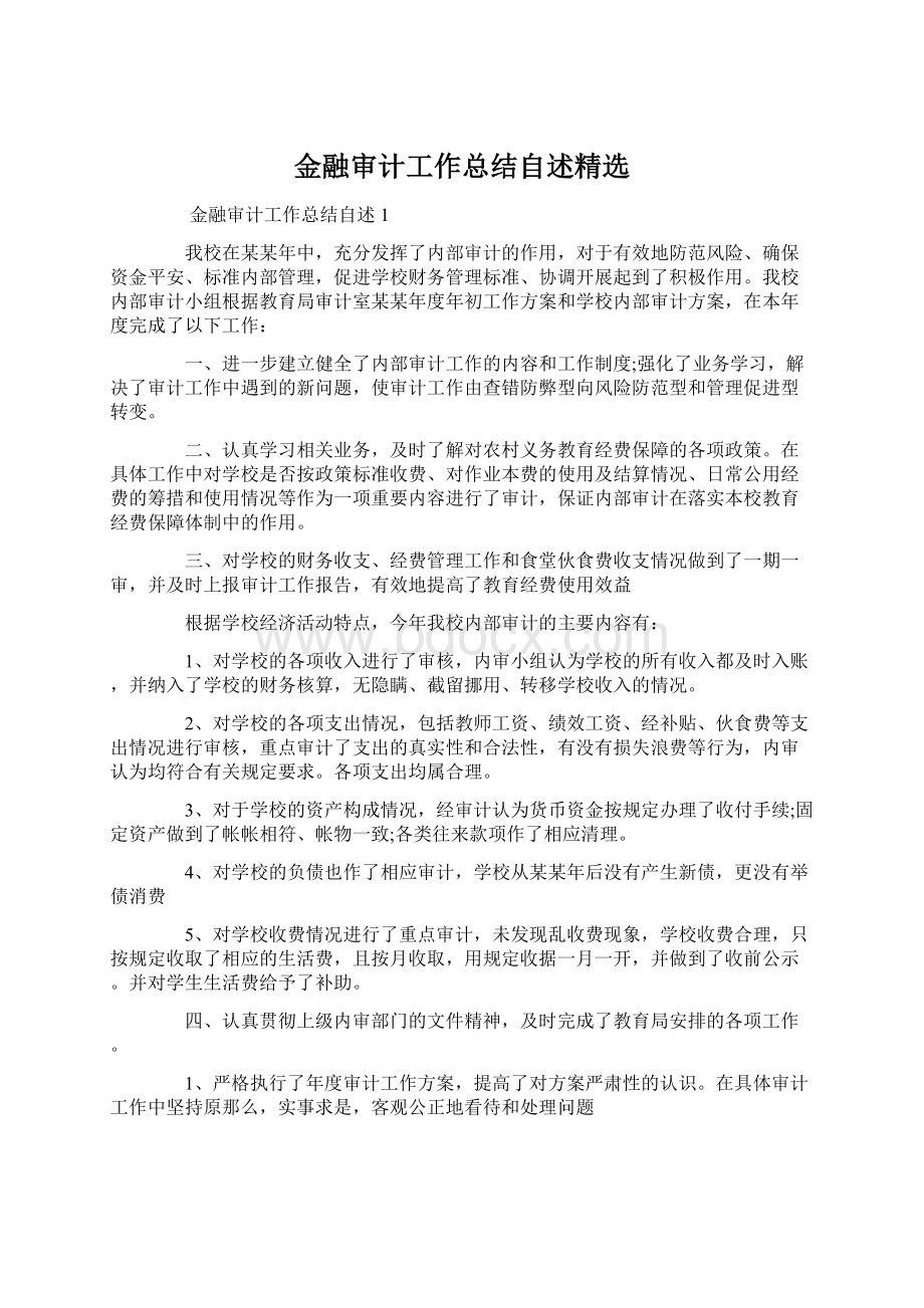 金融审计工作总结自述精选Word格式文档下载.docx