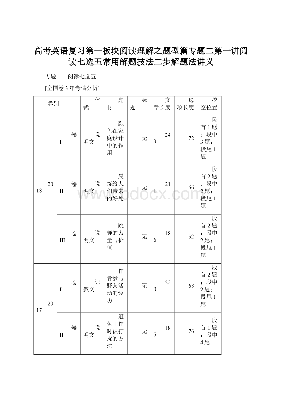 高考英语复习第一板块阅读理解之题型篇专题二第一讲阅读七选五常用解题技法二步解题法讲义Word文档下载推荐.docx