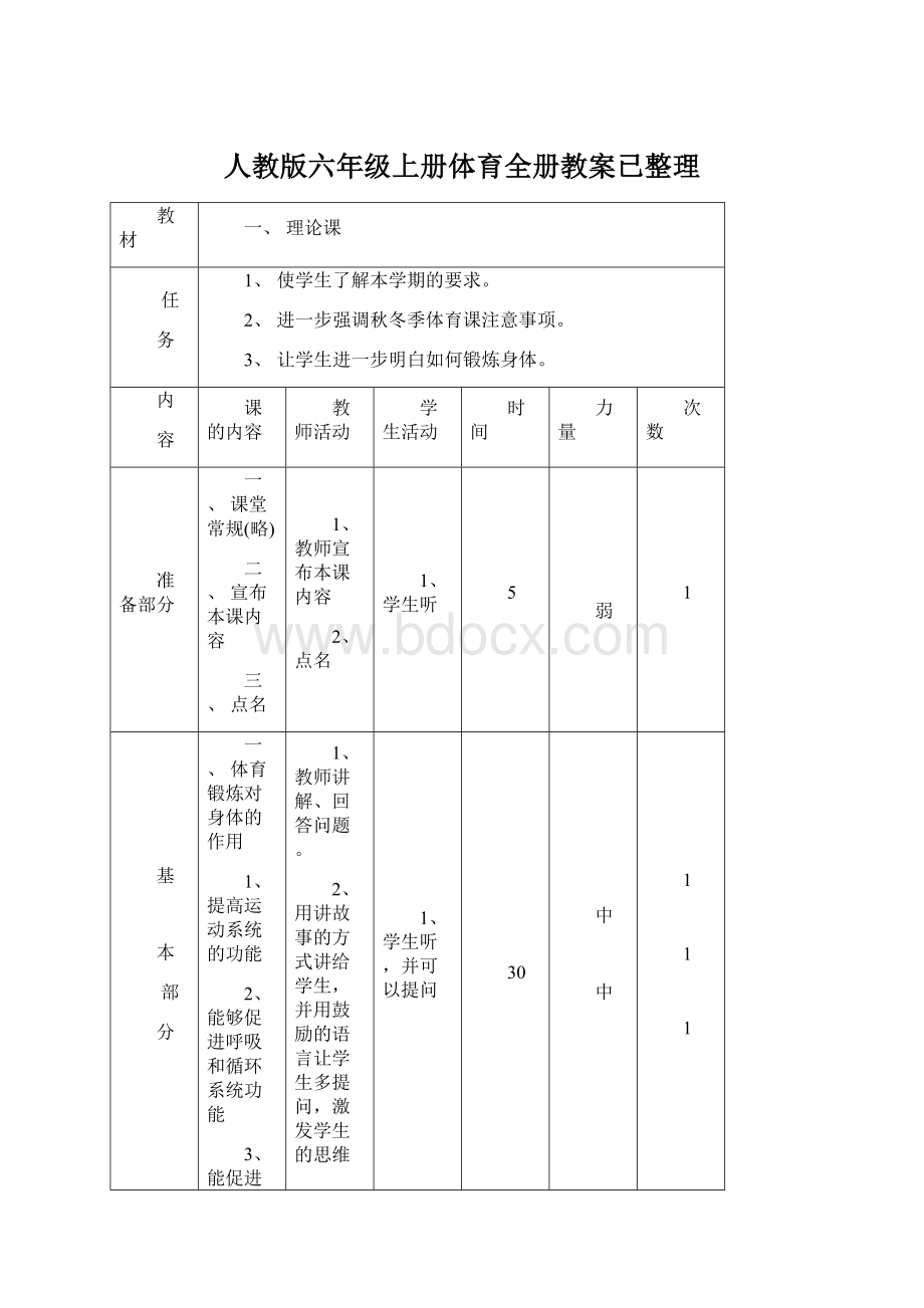 人教版六年级上册体育全册教案已整理.docx_第1页