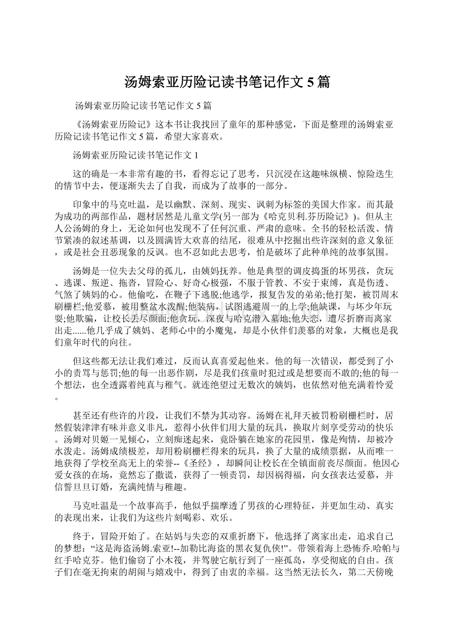 汤姆索亚历险记读书笔记作文5篇文档格式.docx_第1页