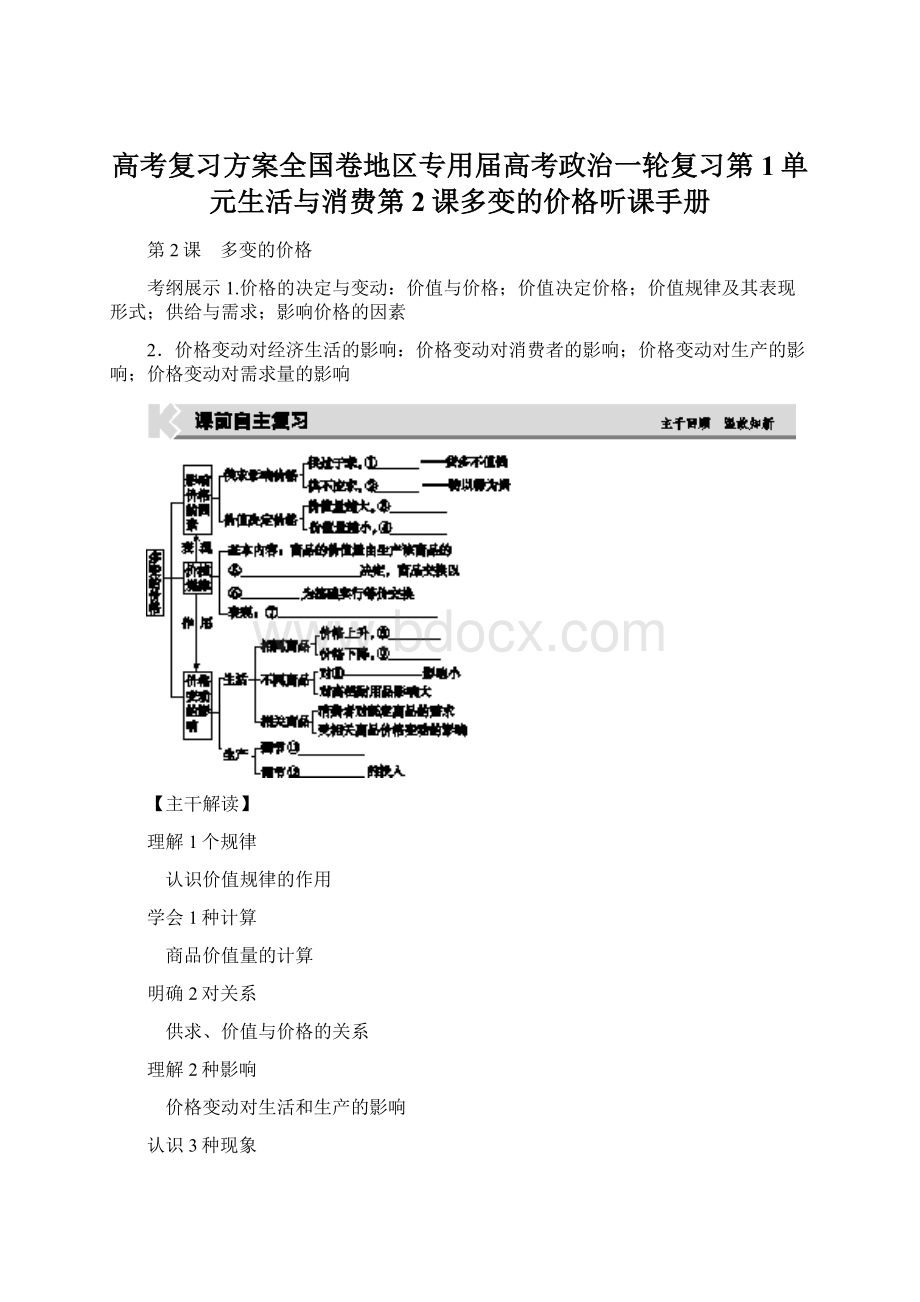 高考复习方案全国卷地区专用届高考政治一轮复习第1单元生活与消费第2课多变的价格听课手册.docx