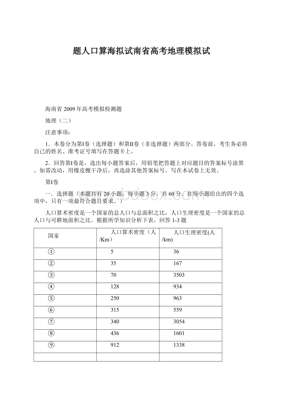 题人口算海拟试南省高考地理模拟试.docx