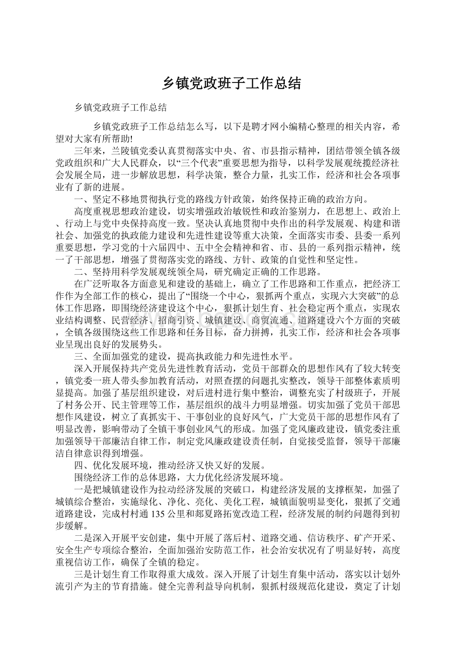 乡镇党政班子工作总结.docx_第1页