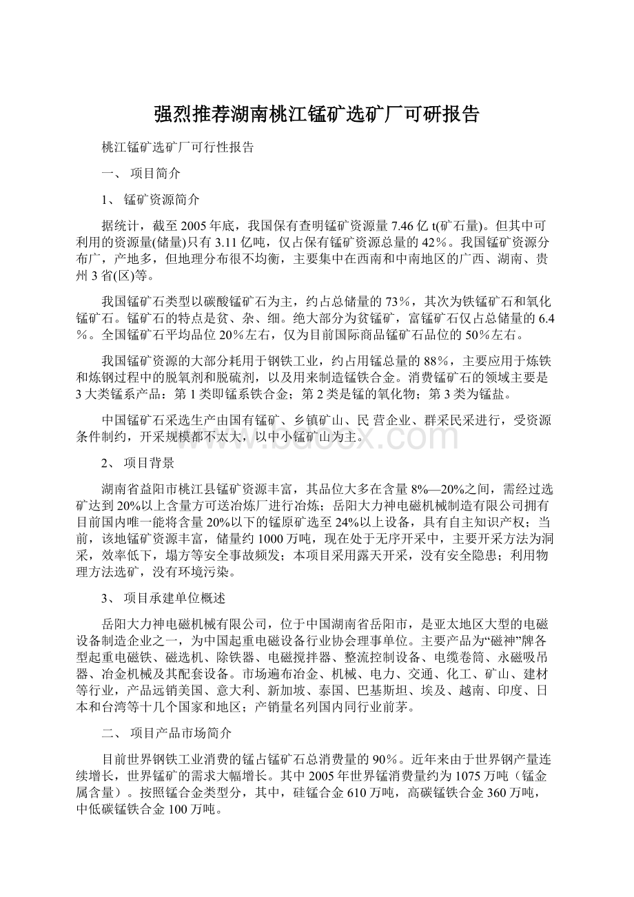 强烈推荐湖南桃江锰矿选矿厂可研报告.docx