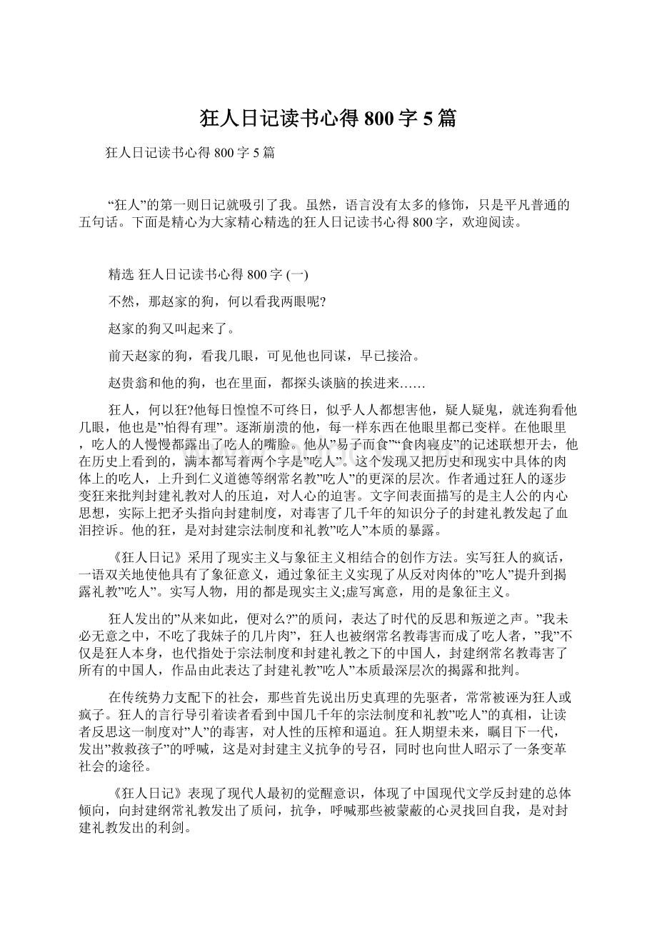 狂人日记读书心得800字5篇文档格式.docx