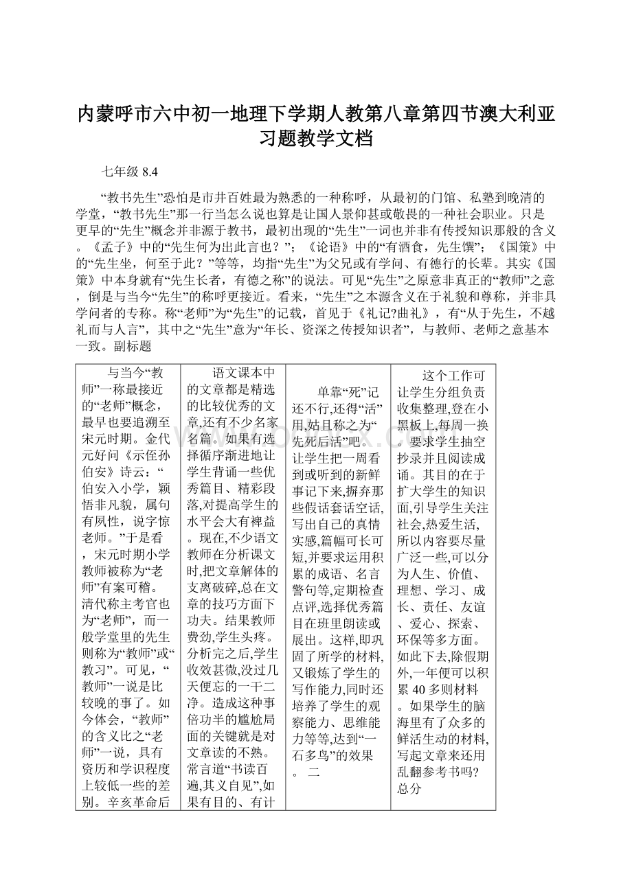 内蒙呼市六中初一地理下学期人教第八章第四节澳大利亚习题教学文档.docx