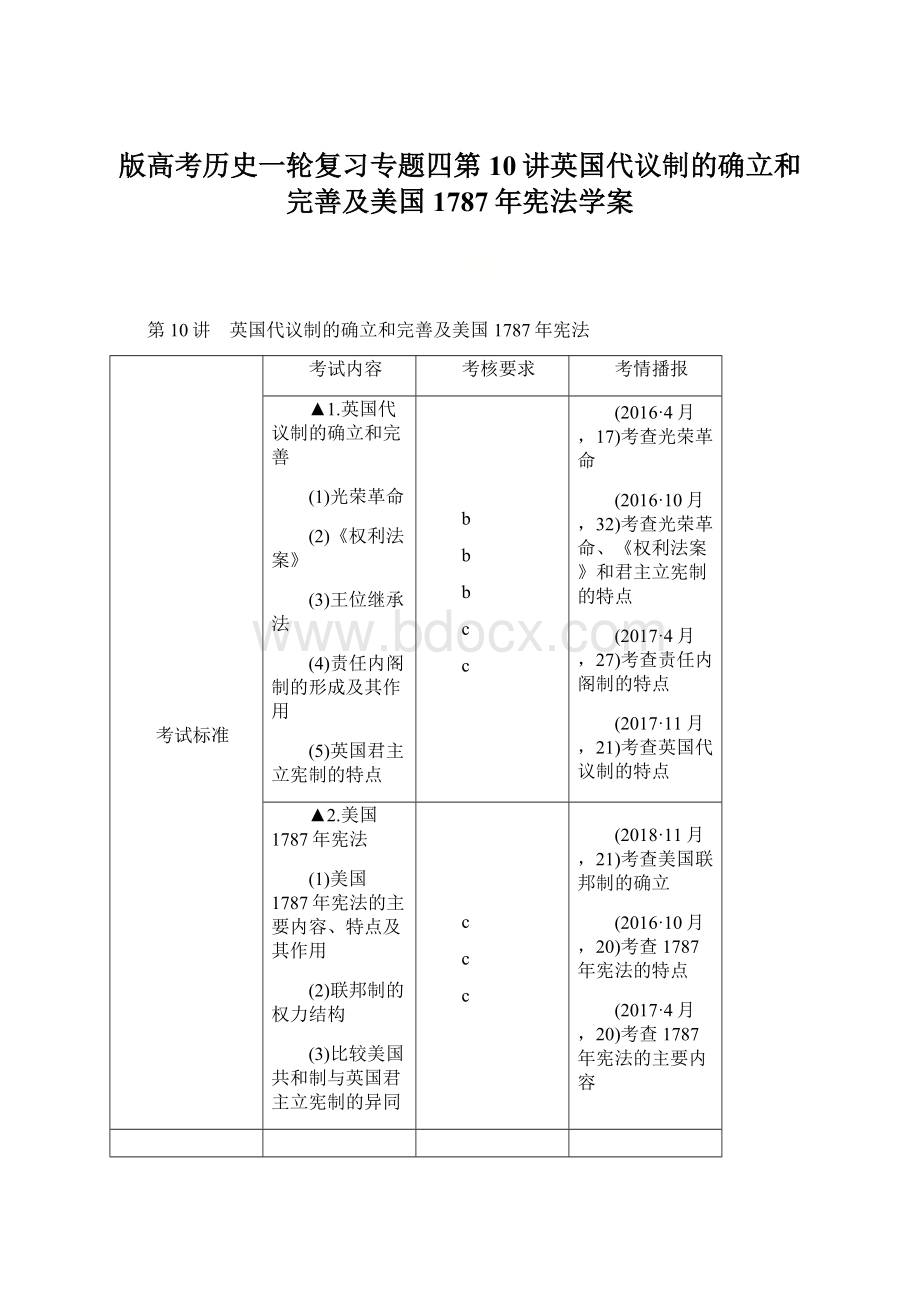 版高考历史一轮复习专题四第10讲英国代议制的确立和完善及美国1787年宪法学案.docx_第1页