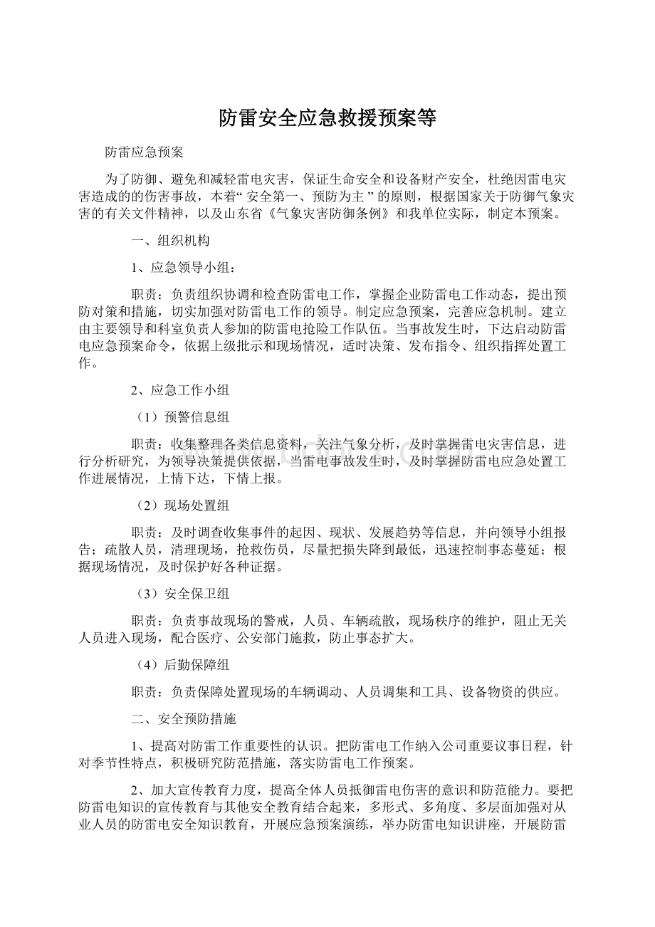 防雷安全应急救援预案等Word格式文档下载.docx