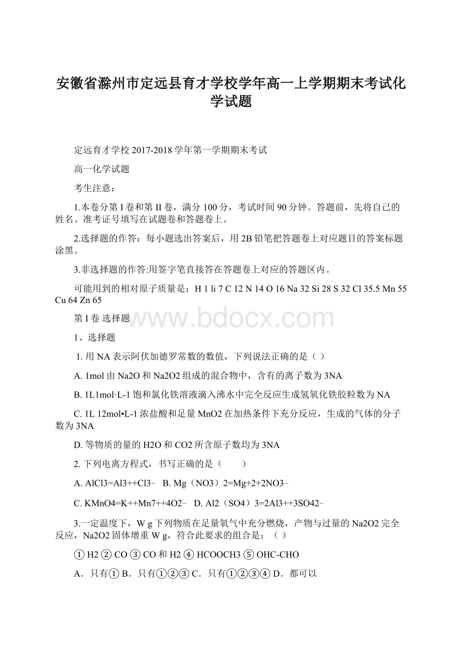 安徽省滁州市定远县育才学校学年高一上学期期末考试化学试题Word格式文档下载.docx