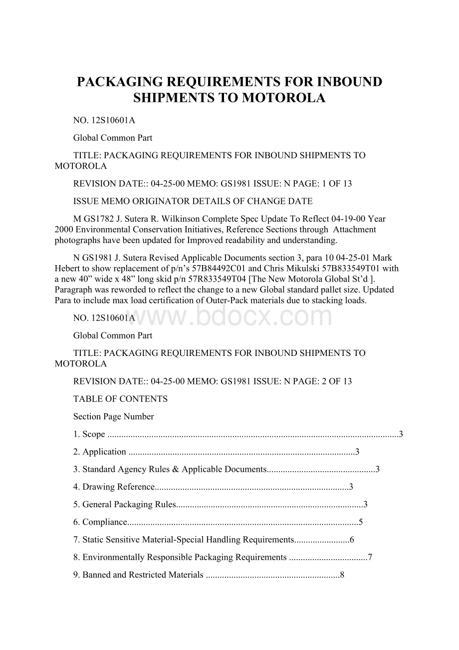 PACKAGING REQUIREMENTS FOR INBOUND SHIPMENTS TO MOTOROLAWord文档下载推荐.docx_第1页