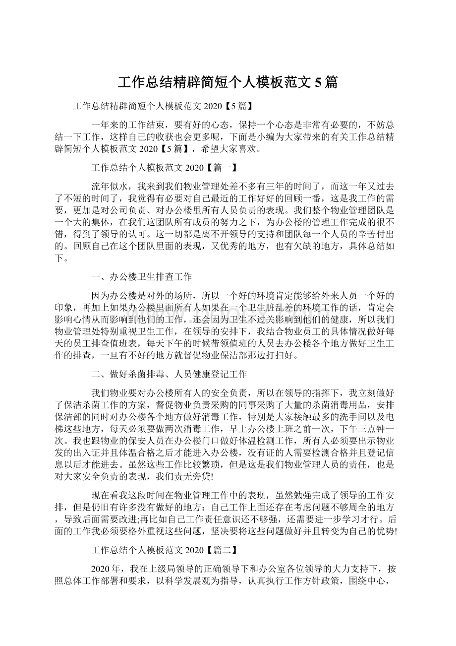 工作总结精辟简短个人模板范文5篇Word文件下载.docx_第1页