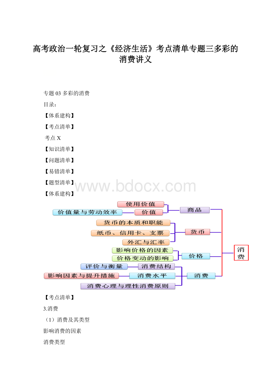 高考政治一轮复习之《经济生活》考点清单专题三多彩的消费讲义.docx_第1页