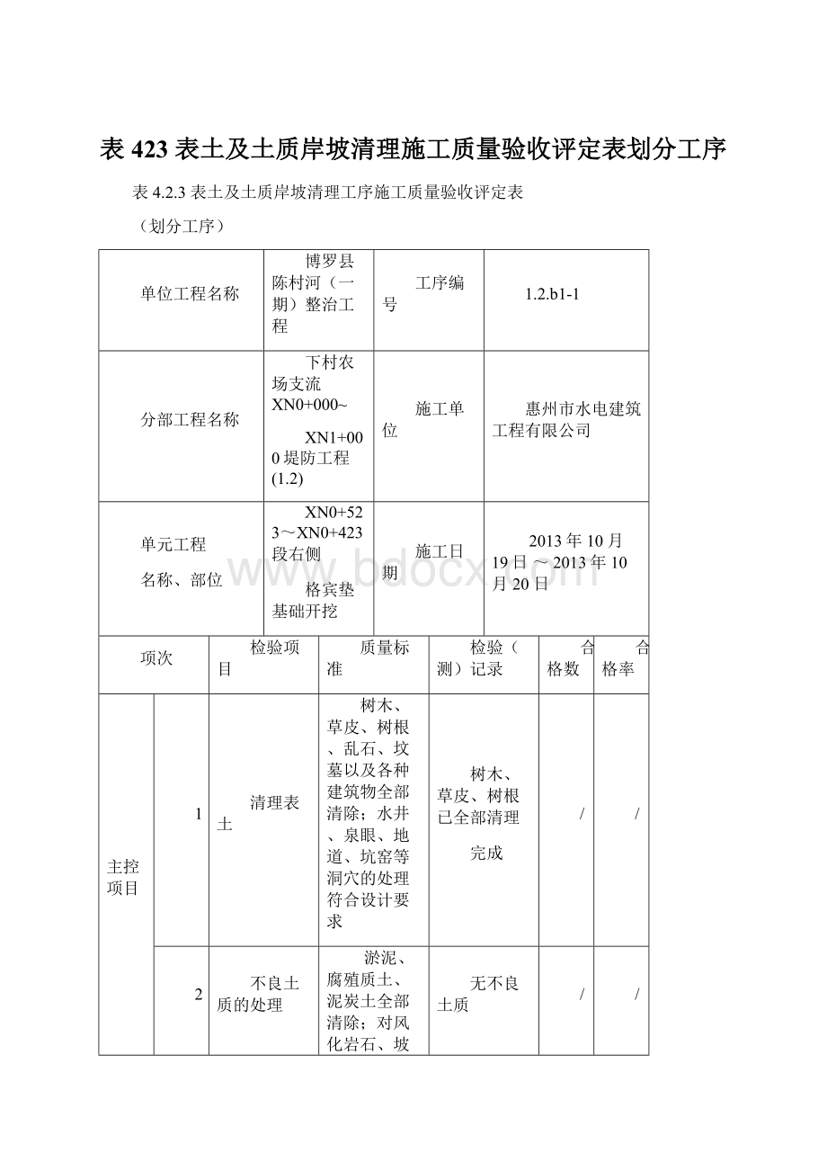 表423表土及土质岸坡清理施工质量验收评定表划分工序Word下载.docx