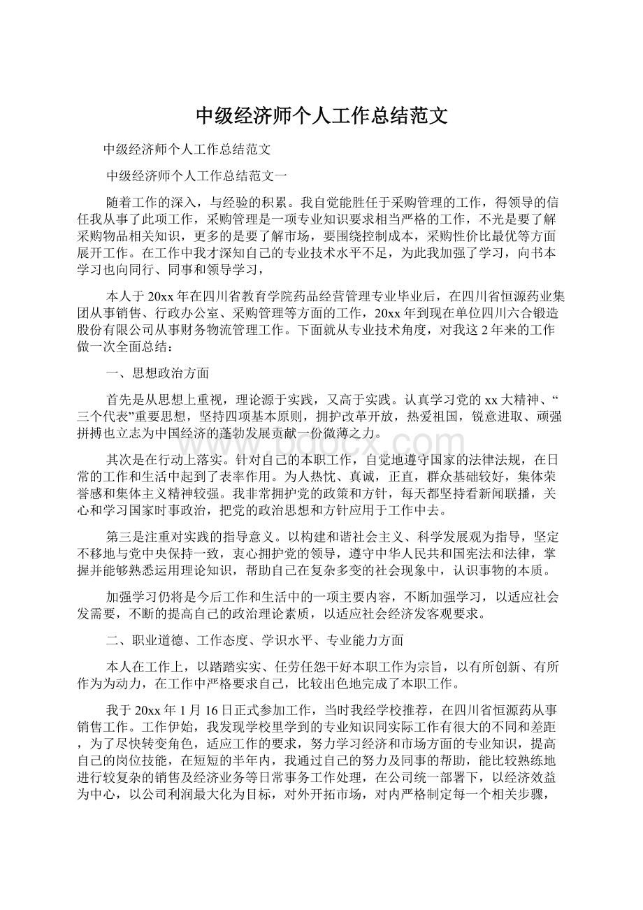 中级经济师个人工作总结范文文档格式.docx