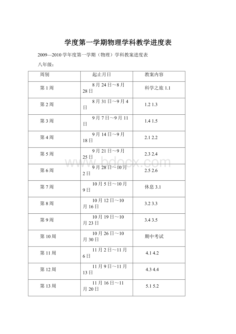 学度第一学期物理学科教学进度表.docx_第1页