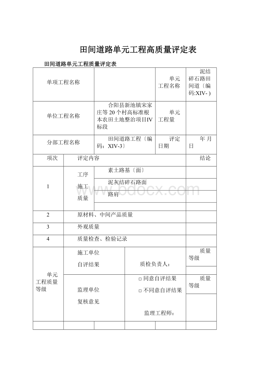 田间道路单元工程高质量评定表.docx