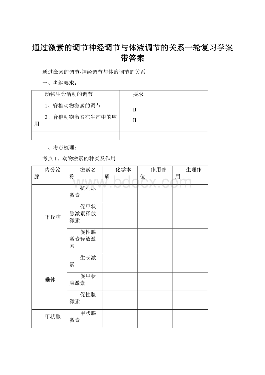 通过激素的调节神经调节与体液调节的关系一轮复习学案带答案Word格式.docx_第1页