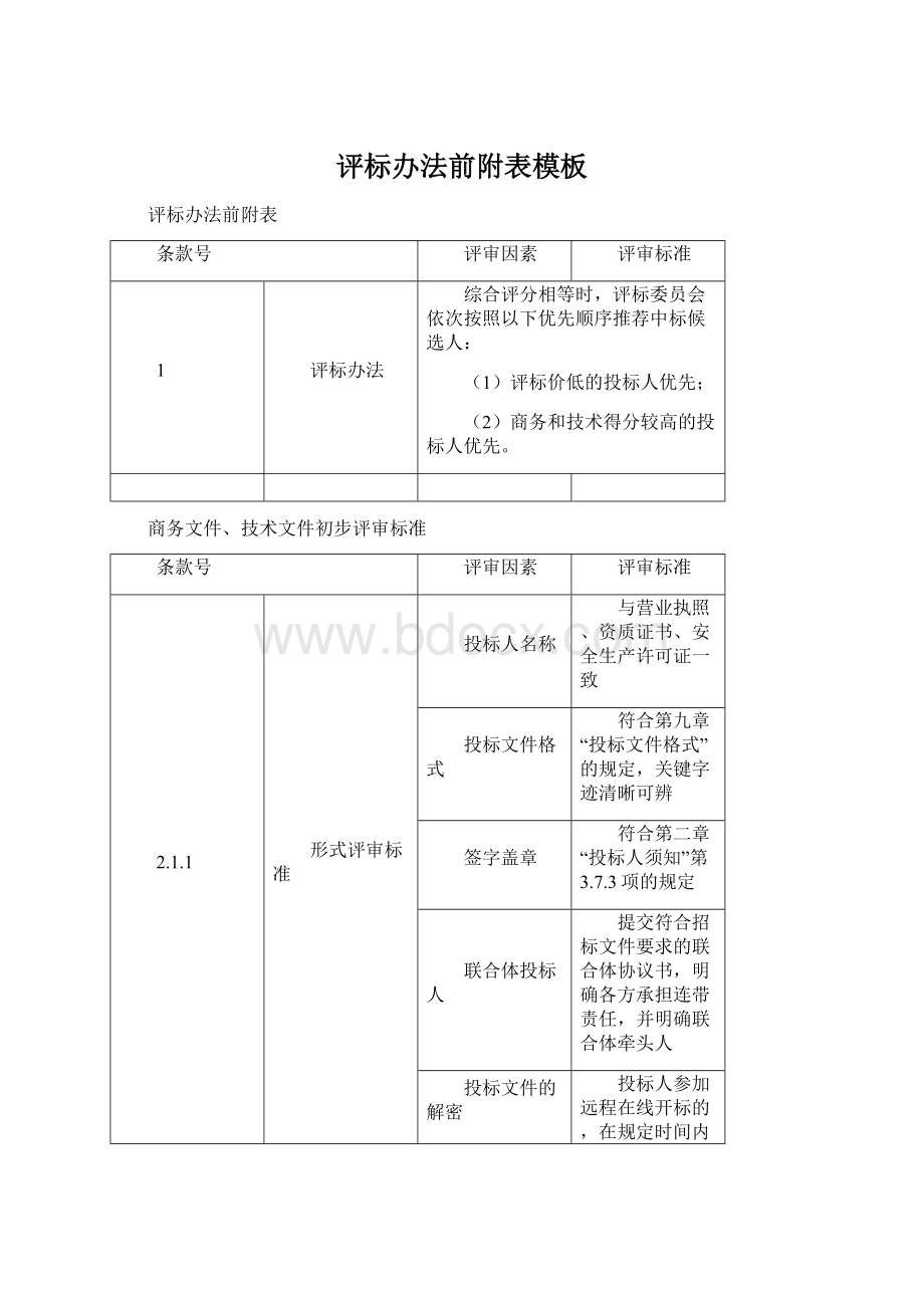 评标办法前附表模板Word下载.docx