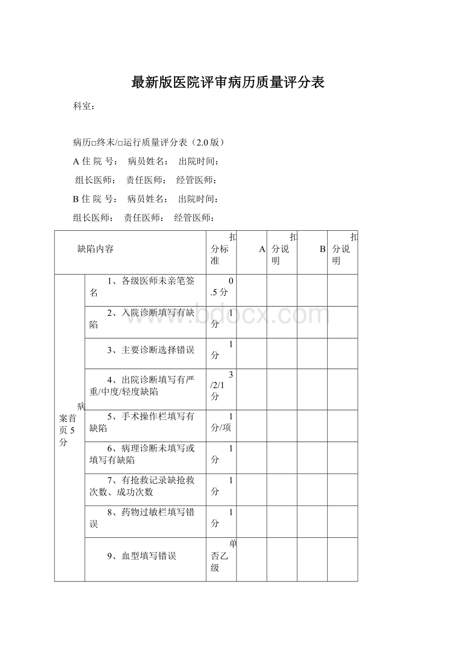 最新版医院评审病历质量评分表.docx_第1页