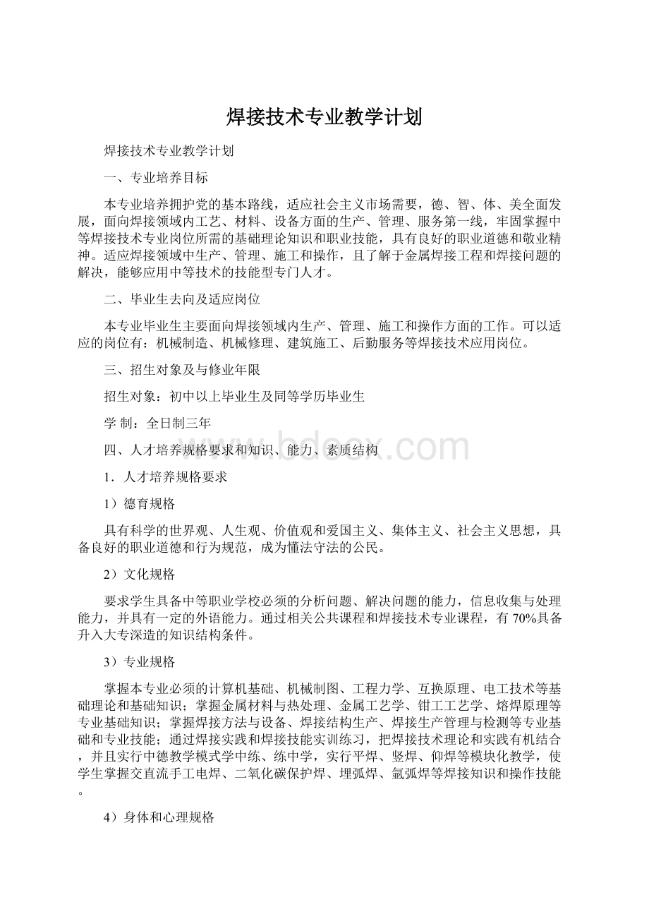 焊接技术专业教学计划文档格式.docx