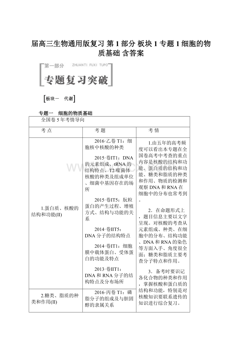 届高三生物通用版复习 第1部分 板块1 专题1 细胞的物质基础 含答案.docx_第1页