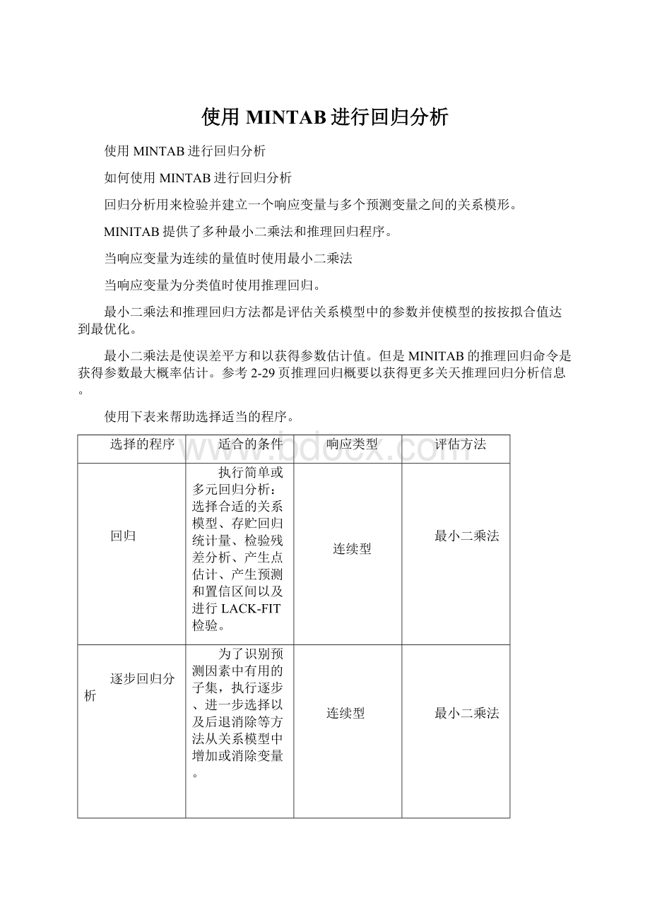 使用MINTAB进行回归分析文档格式.docx