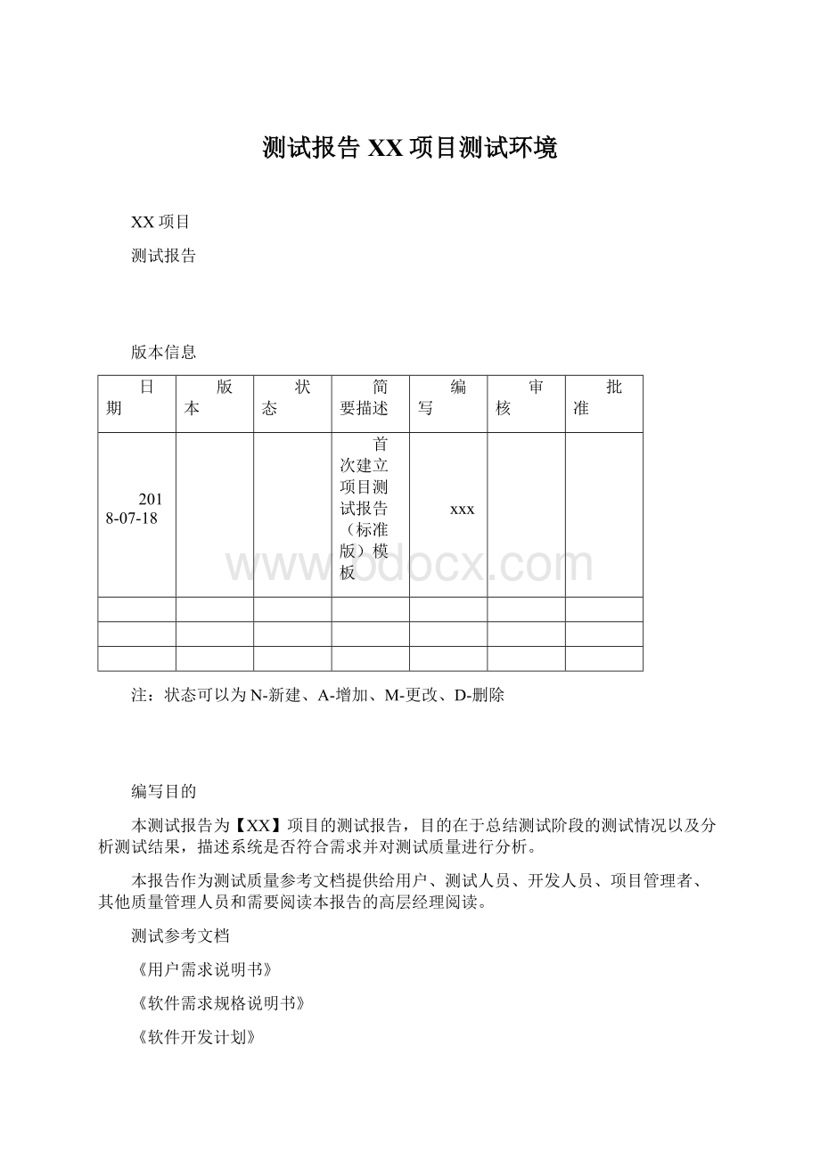 测试报告XX项目测试环境Word文件下载.docx