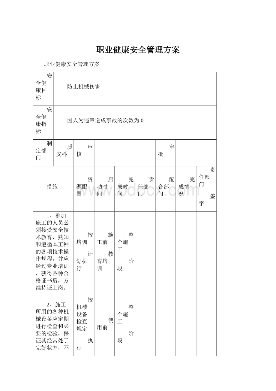 职业健康安全管理方案文档格式.docx