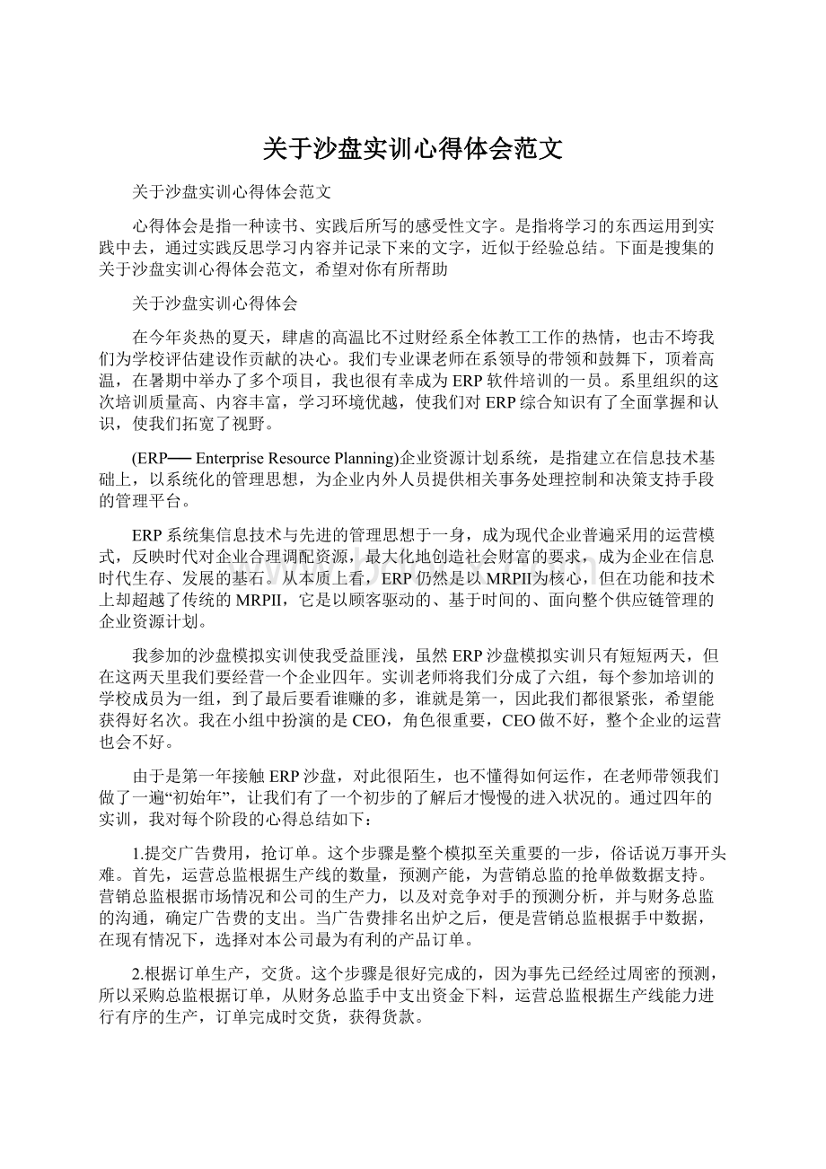 关于沙盘实训心得体会范文Word文件下载.docx