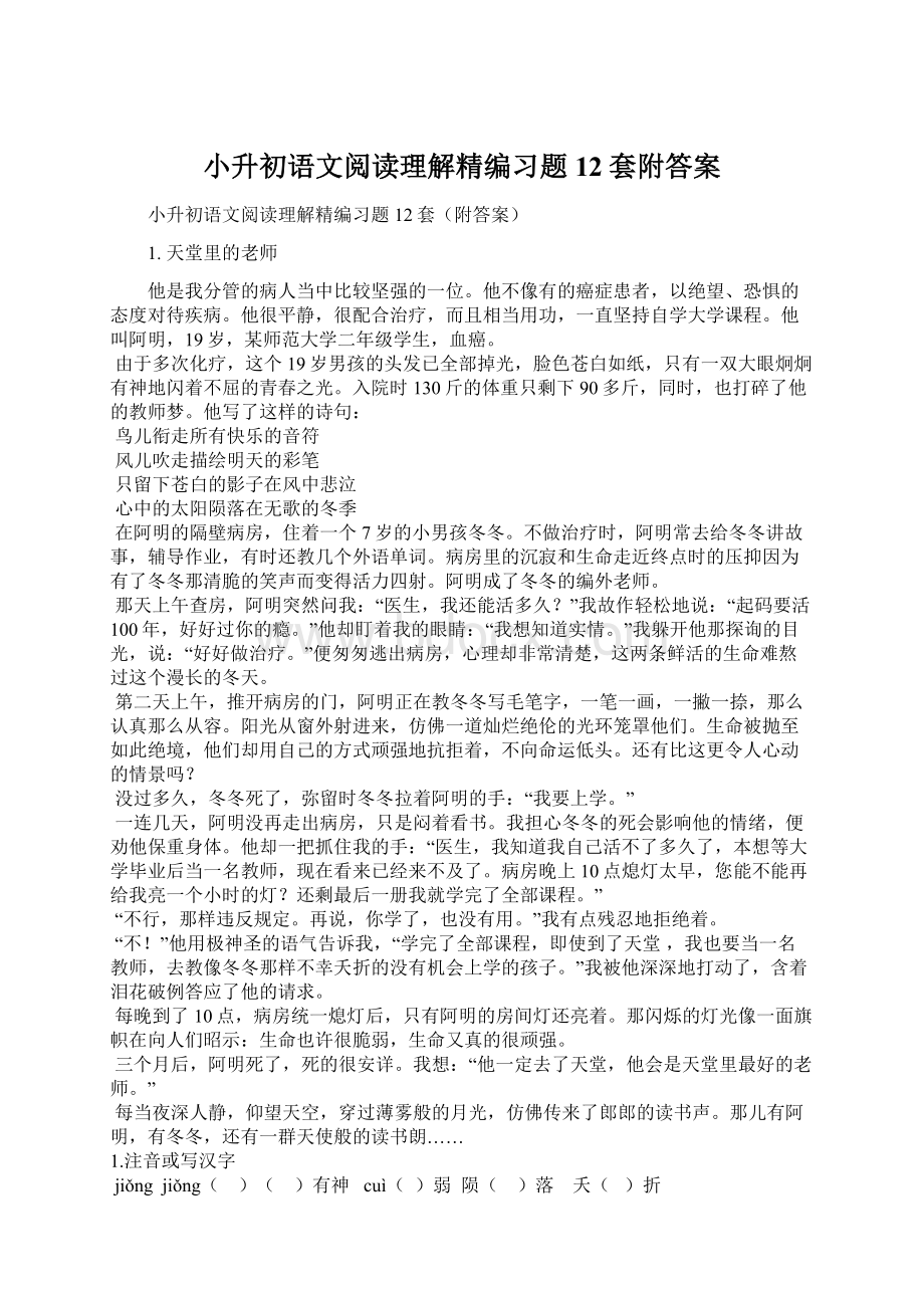 小升初语文阅读理解精编习题12套附答案Word格式.docx_第1页