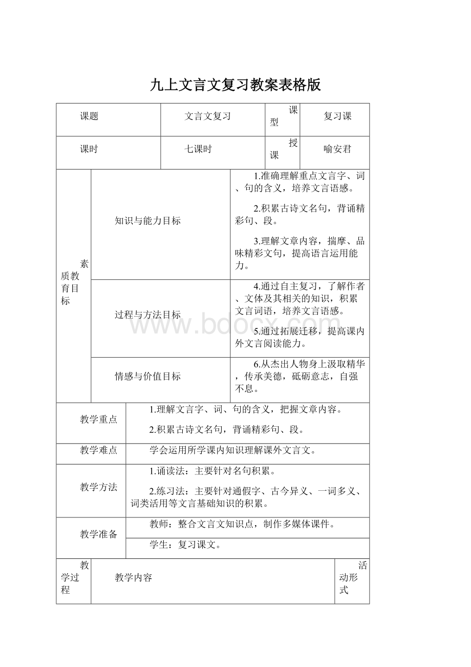 九上文言文复习教案表格版Word格式文档下载.docx