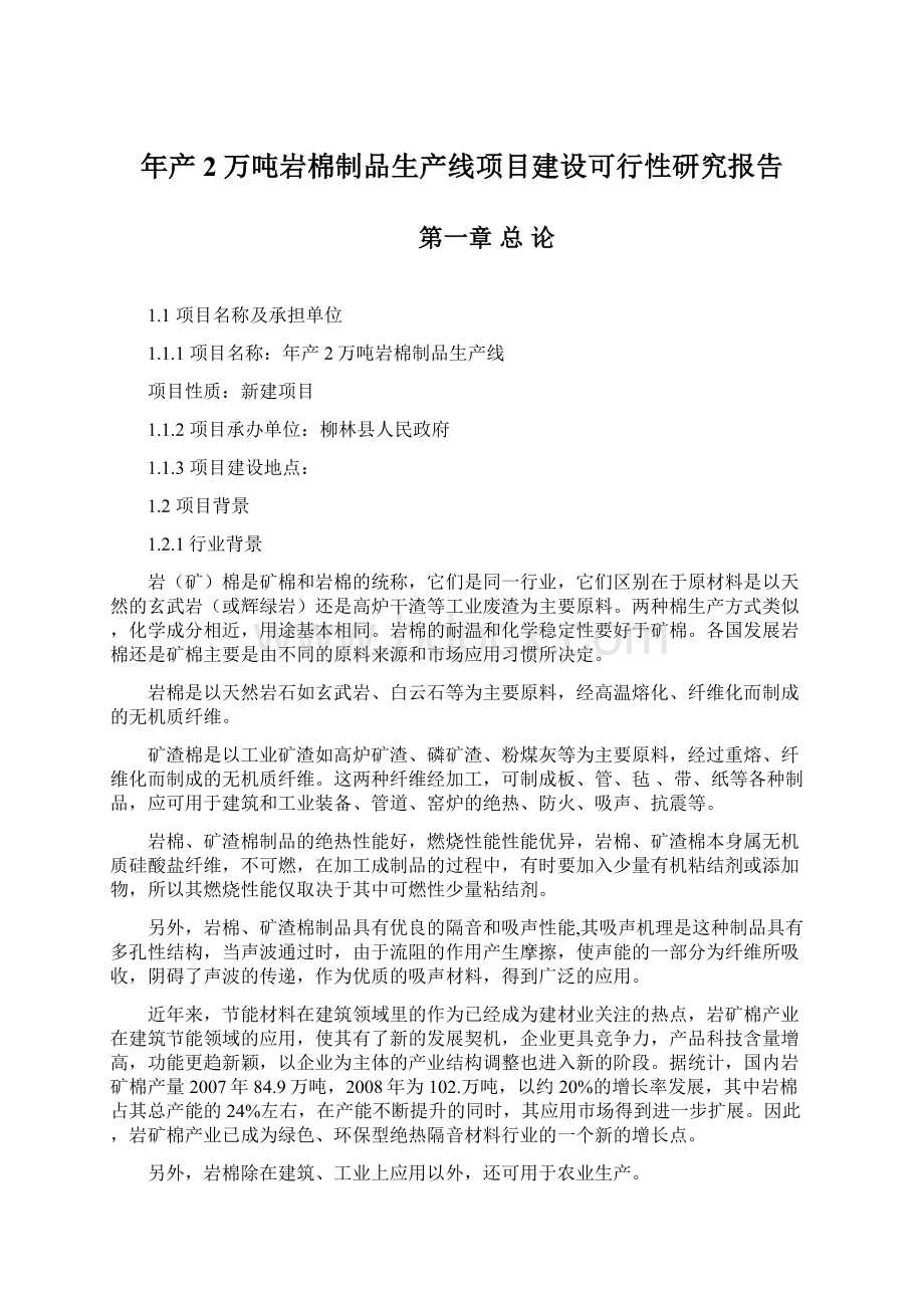 年产2万吨岩棉制品生产线项目建设可行性研究报告Word文档格式.docx_第1页