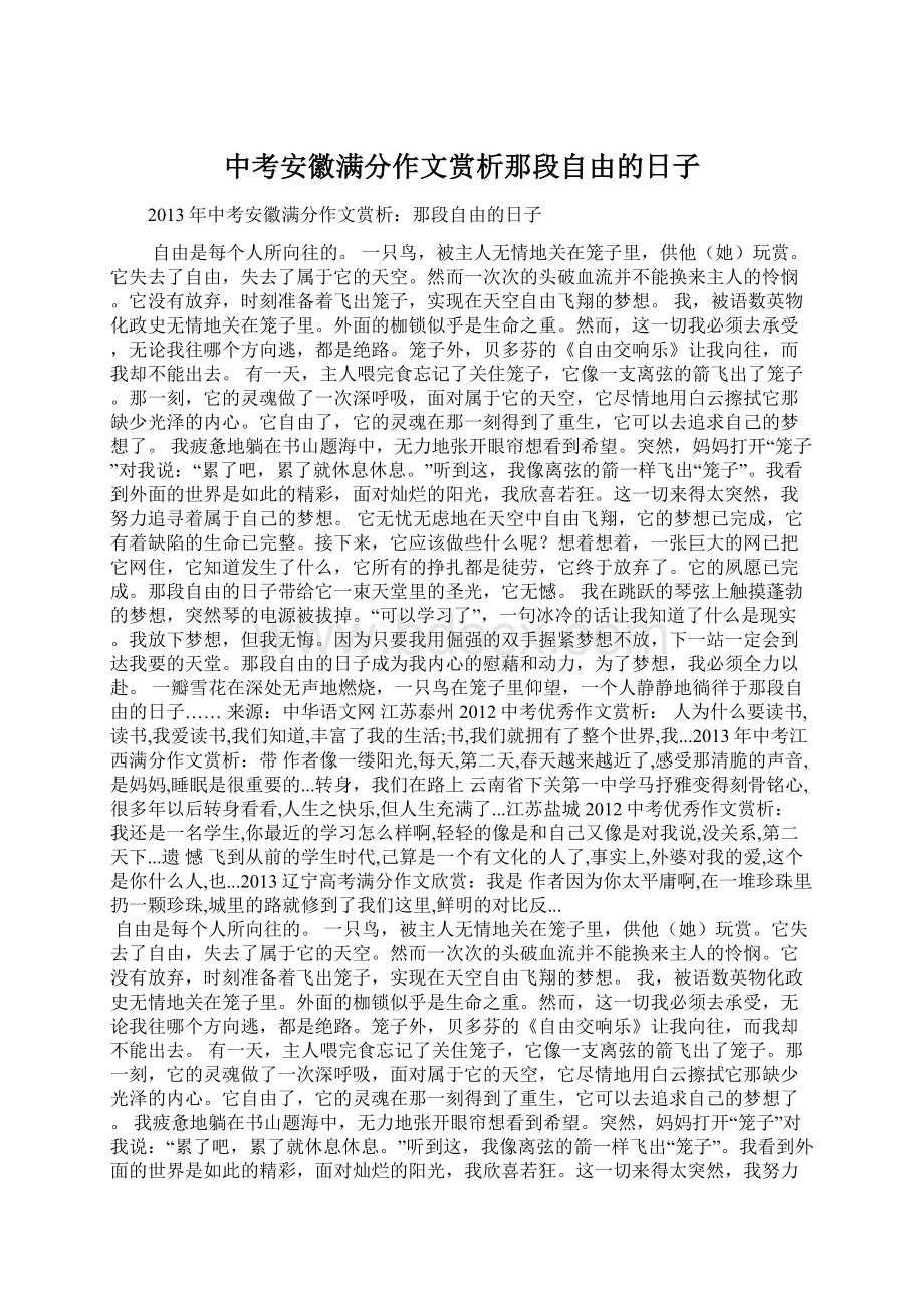 中考安徽满分作文赏析那段自由的日子Word下载.docx