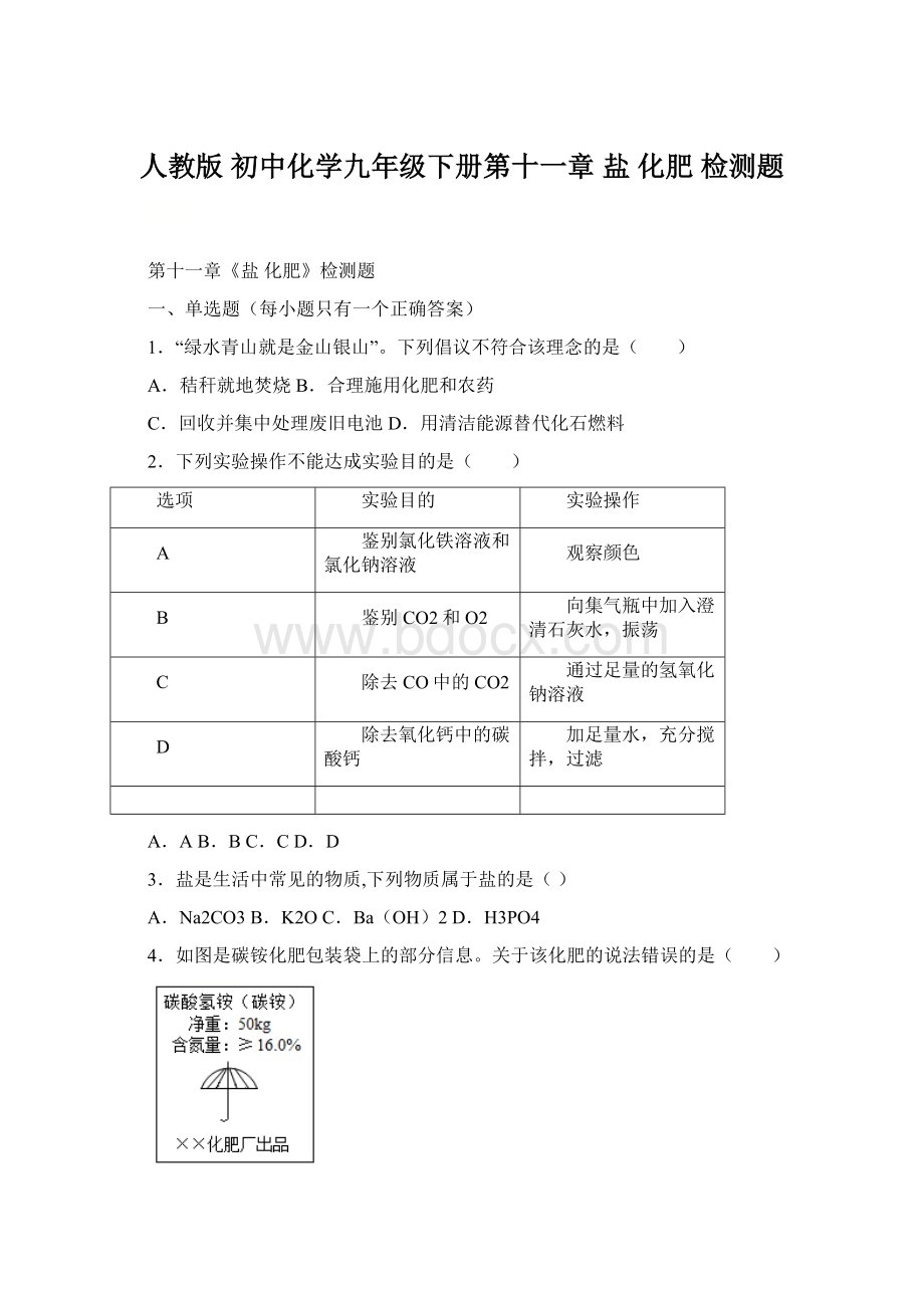 人教版 初中化学九年级下册第十一章 盐 化肥 检测题.docx_第1页