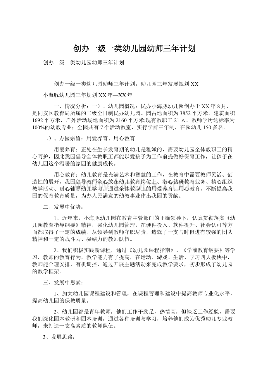 创办一级一类幼儿园幼师三年计划.docx