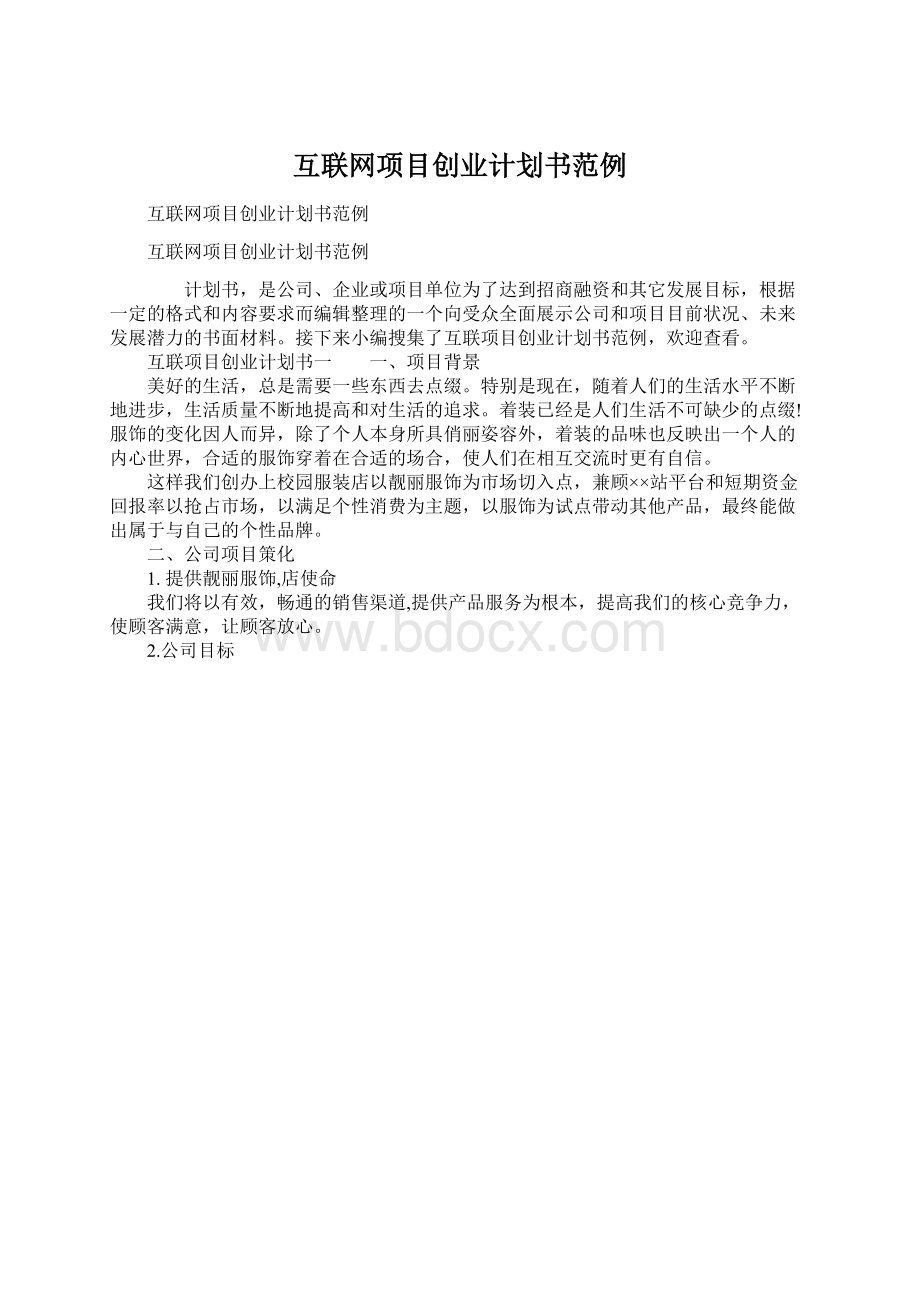 互联网项目创业计划书范例Word格式.docx