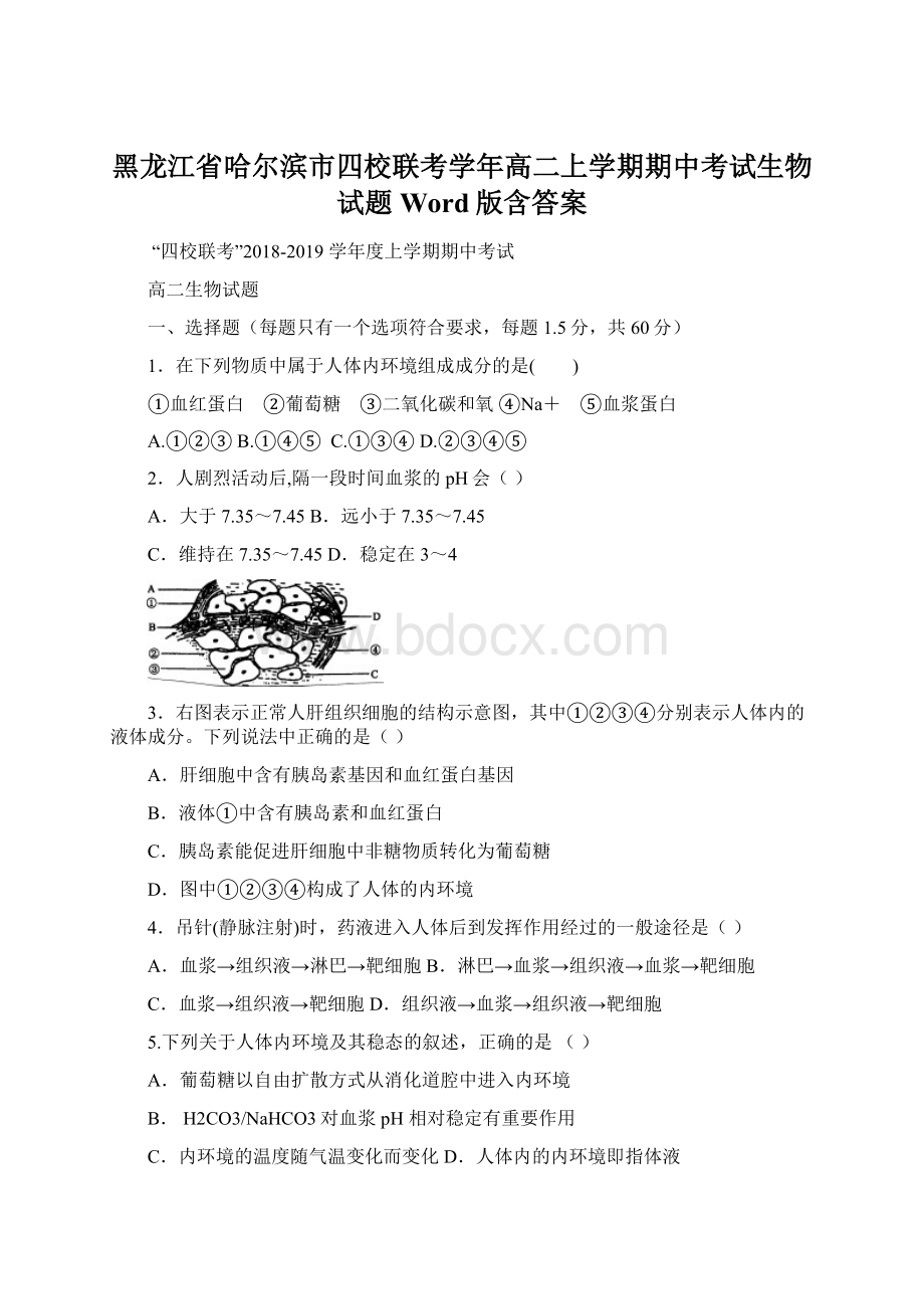 黑龙江省哈尔滨市四校联考学年高二上学期期中考试生物试题 Word版含答案Word文件下载.docx