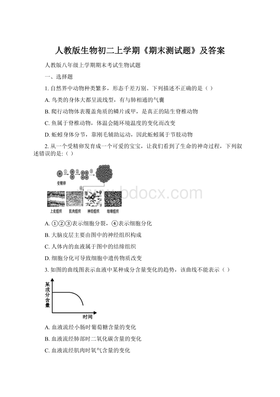 人教版生物初二上学期《期末测试题》及答案Word文档下载推荐.docx