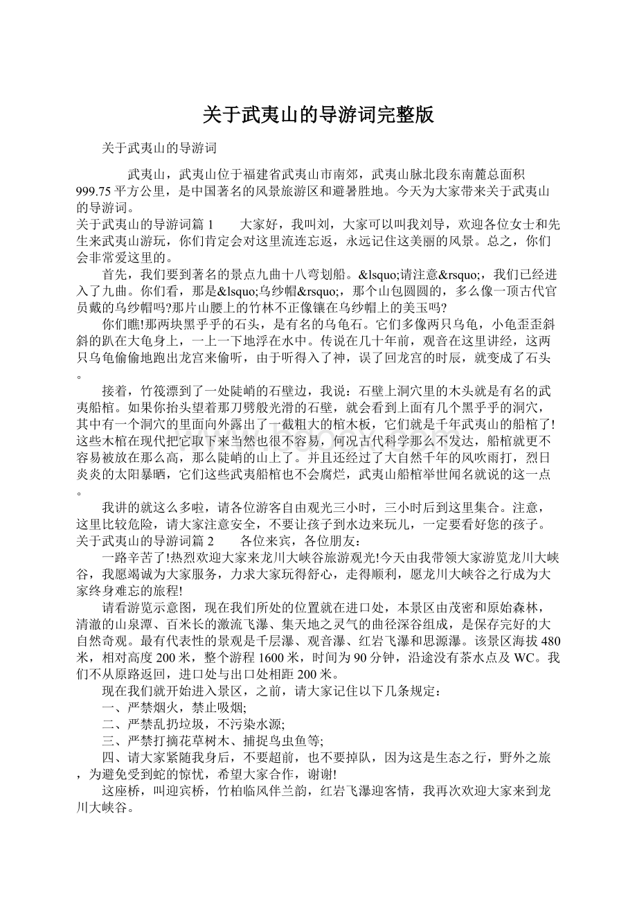 关于武夷山的导游词完整版Word文件下载.docx