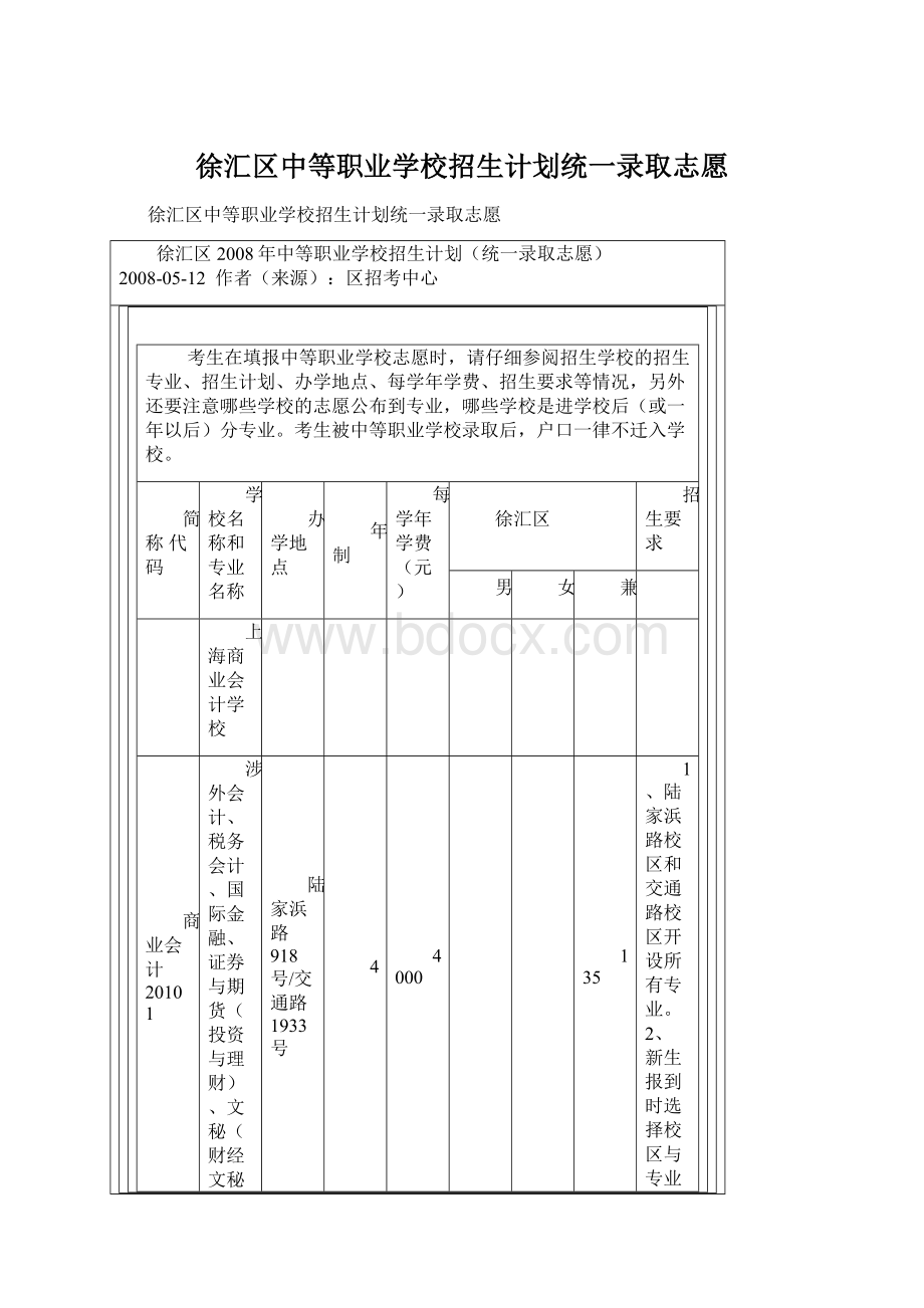 徐汇区中等职业学校招生计划统一录取志愿.docx_第1页