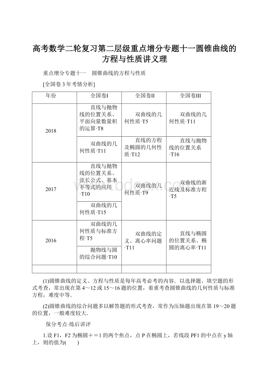 高考数学二轮复习第二层级重点增分专题十一圆锥曲线的方程与性质讲义理.docx_第1页